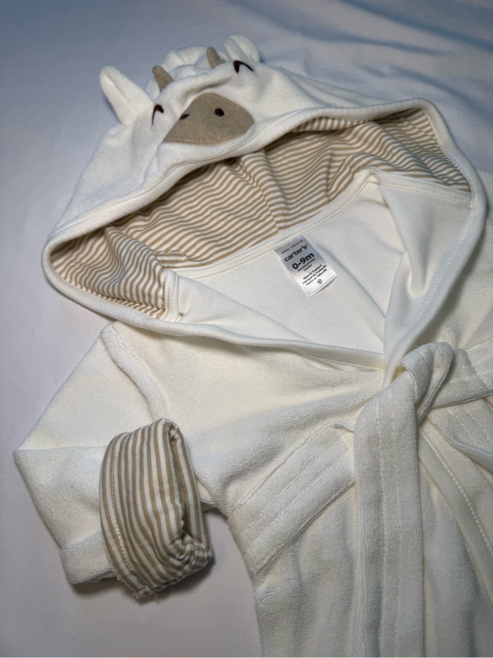 Carter's Cream Hooded Baby Robe with Beige Striped Lining and Animal Hood